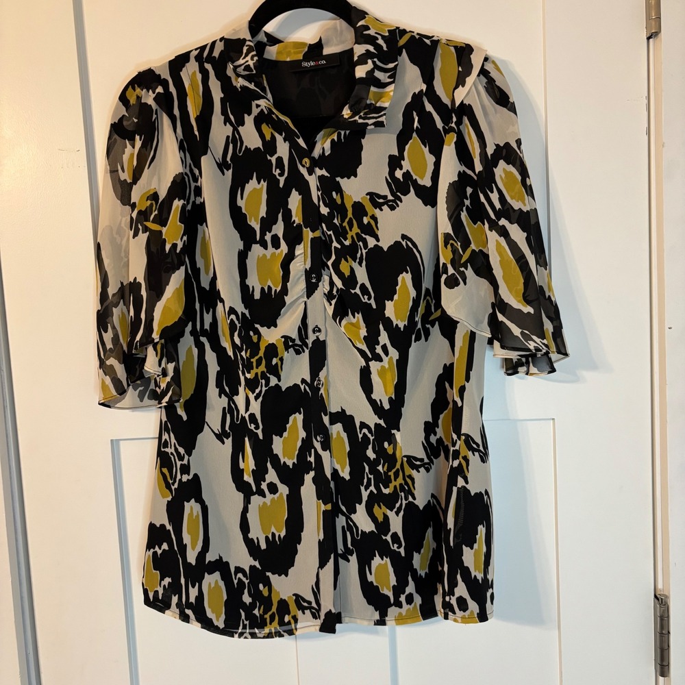 Womens Abstract Print Button Front Blouse Yellow Black Flutter Sleeve Mob Wife